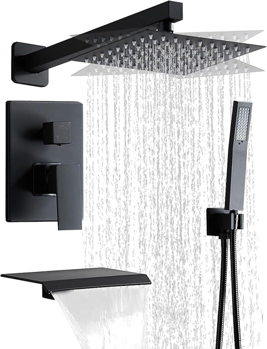 Matte Black Shower Faucet 12 Inch Set with Tub Spout, Shower Head and Handle with 2 Hooks Rain System Square Wall Mount for Bathroom