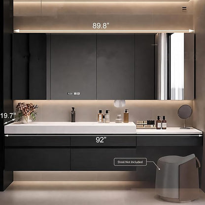 92" Bathroom Vanity with Sink, Modern Floating Bathroom Vanity, with Smart LED Defog Mirror, Plywood Storage Mirror Cabinet Soft Closing, Display Time, Fully Pre-Assembled, with Dressing Table