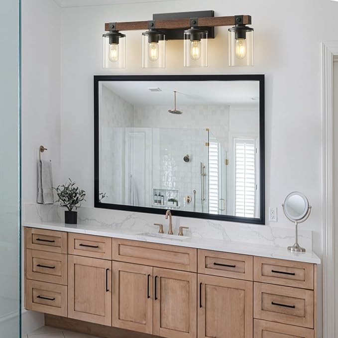 Bathroom Vanity Light Fixtures 4 lights Wooden Farmhouse Vanity Lights | Rustic Bathroom Lights over Mirror with Clear Glass Shade Black Industrial Wall Sconce for Bathroom Bedroom Hallway