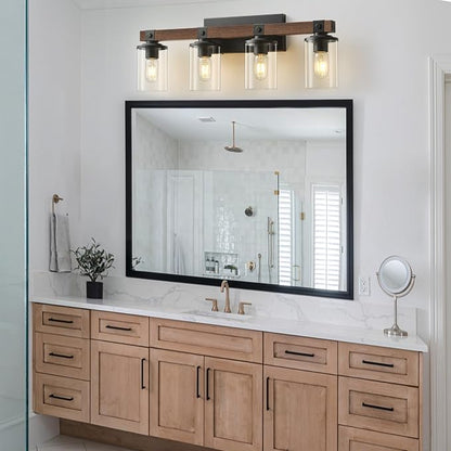 Bathroom Vanity Light Fixtures 4 lights Wooden Farmhouse Vanity Lights | Rustic Bathroom Lights over Mirror with Clear Glass Shade Black Industrial Wall Sconce for Bathroom Bedroom Hallway