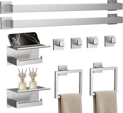 10-Piece 23.6 Inch Brushed Nickel Bathroom Hardware Accessories Set | Stainless Steel Bath Extended Towel Bar, Toilet Paper Holder with Shelf, Towel Hooks, Square Towel Ring Wall Mounted