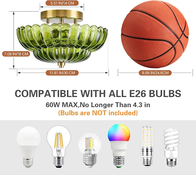 Green Glass Semi Flush Mount Ceiling Light Fixture,11.8 in,3-Lights | Flower Shape,Round Gold Base,Use E26 Bulb,Support Dimmable,for Hallway,Bedroom,Bathroom,Foyer,Closet,Entryway,Laundry Room