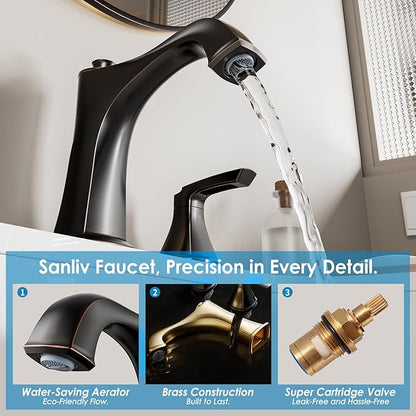 Oil Rubbed Bronze Bathroom Faucet 3-Hole, Sanliv Widespread Bathroom Sink Faucet with Pop-Up Drain, 2-Handle Bronze Vanity Faucet for 4-16 Inch Wide Spread Sinks, ORB