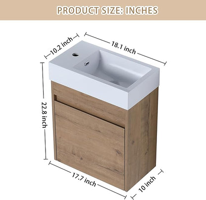18" Wall-Mounted Floating Bathroom Vanity with Sink - Modern Vanity Cabinet for Small Bathrooms, Soft-Close Door & Waterproof Resin Countertop (Space-Saving Design)
