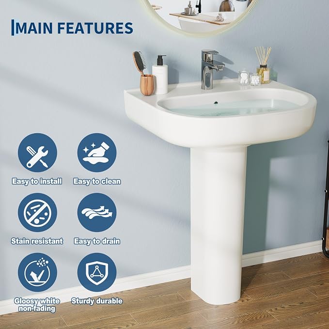 22" x 17" Pedestal Sink – White Ceramic Rectangular Bathroom Vanity with Overflow, Bathroom Pedestal Sink with 1 Faucet Hole