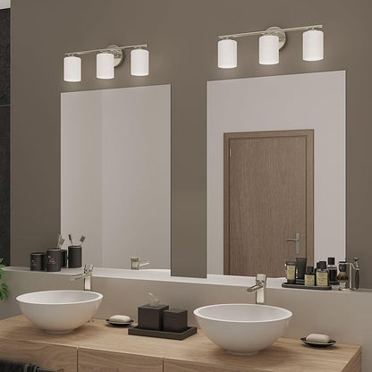 Replay Collection 3-Light Etched White Glass Modern Bath Vanity Light Brushed Nickel