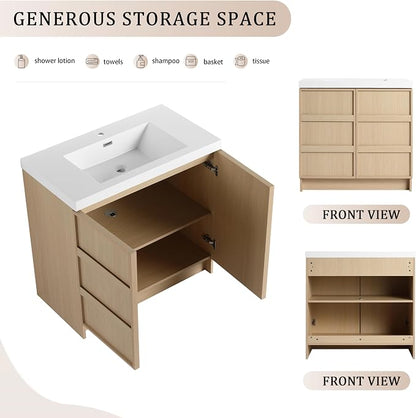 36-Inch Bathroom Vanity with Sink Mid-Century Bathroom Vanities with Top Basin Floor Wood Bathroom Sink Cabinet with Soft-Close Doors & Adjustable Storage Shelves (Oak)