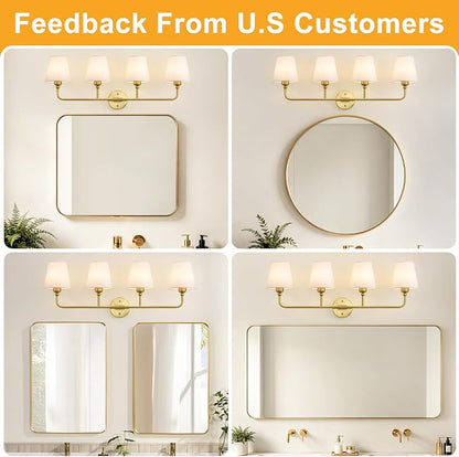 Bathroom Light Fixtures, 4-Light Brushed Gold Vanity Lights, 34" Bathroom Lighting Fixtures Over Mirror with White Flared Fabric Shade, Modern Wall Sconces for Bathroom Bedroom Living Room Hallway