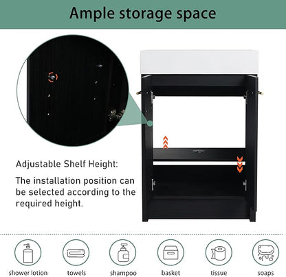 24" Freestanding Bathroom Vanity,24 Inch Bathroom Vanity with Sink,Modern Single Sink Bathroom Vanity Combo,Black Floor Stand Cabinet Set