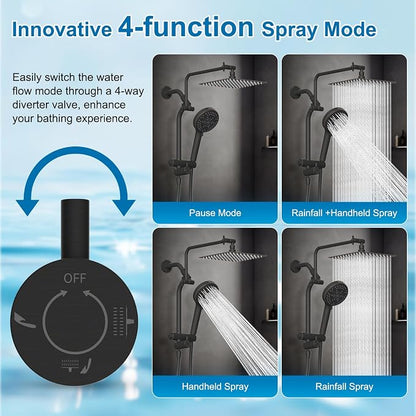 Metal 10" Rain Showerhead with 10-Spray Filter Handheld, 4-way Diverter | Oil Rubbed Bronze Finish, Upgraded High Pressure Shower Head with Pause Mode, 71" Stainless Steel Hose/12" Extension Arm