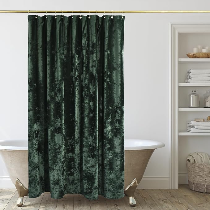TAMGHO 78 inch Shower Curtain, Crushed Velvet Long Shower Curtain Set with 12 Gold Hooks, Waterproof Thick Fabric, Machine Washable, 72W x 78H, Dark Green
