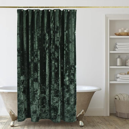 TAMGHO 78 inch Shower Curtain, Crushed Velvet Long Shower Curtain Set with 12 Gold Hooks, Waterproof Thick Fabric, Machine Washable, 72W x 78H, Dark Green