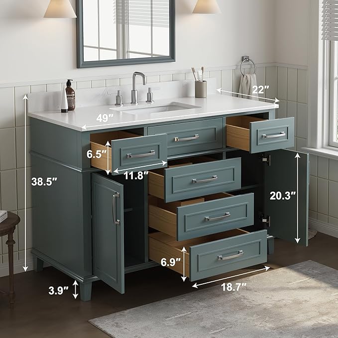 48 Inch Bathroom Vanity with Sink, Modern Bathroom Vanity with Engineered Stone Countertop, Solid Wood Frame Bathroom Storage Cabinet with Soft Closing Door & Dovetail Drawer, Green
