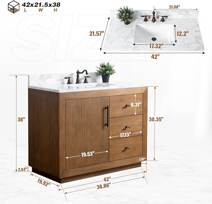 HOMEBEYOND 42" Bathroom Vanity with Single Sink & Ceramic Top, MDF Material Vanity Cabinet with Basin Combo, Soft-Closing Doors, Removable Shelf, Backsplash,Tan
