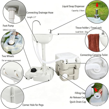 5 Gal Camping RV Potty, Portable Toilet and Sink Combo, White