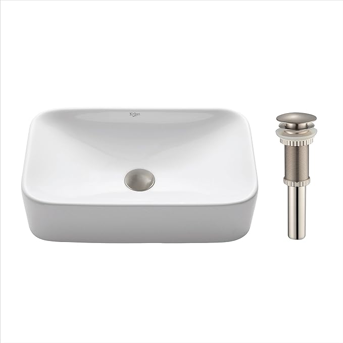 Kraus KCV-122-SN Ceramic Above counter Rectangular Bathroom Sink, 19.44 x 11.84 x 5 inches, Satin Nickel/White