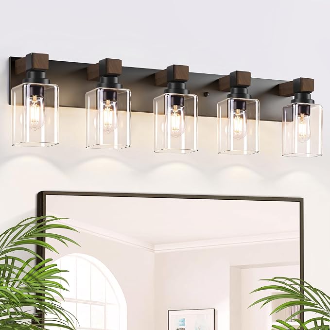 Farmhouse Black 5-Light Bathroom Vanity Light, Square Glass Shade | Vintage Rustic Design, Wood Grain Finish, Matte Black Metal, Wall Mount Over Mirror Lighting Fixtures for Bathroom Restroom