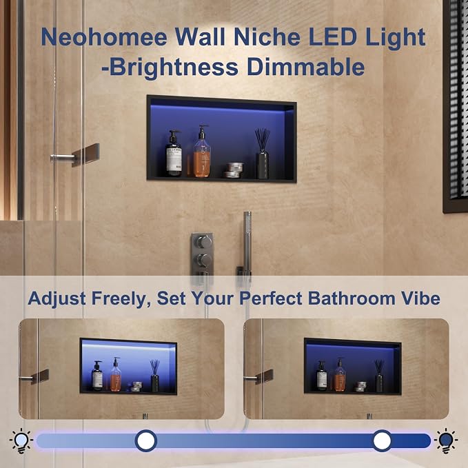 RGB LED Light Shower Niche, Matte Black 24X12 in Stainless Steel Recessed Storage with Remote Control, Waterproof No Tile Needed Wall Niche for Bathroom Storage Built-in Installation