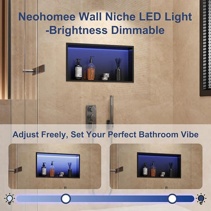 RGB LED Light Shower Niche, Matte Black 24X12 in Stainless Steel Recessed Storage with Remote Control, Waterproof No Tile Needed Wall Niche for Bathroom Storage Built-in Installation
