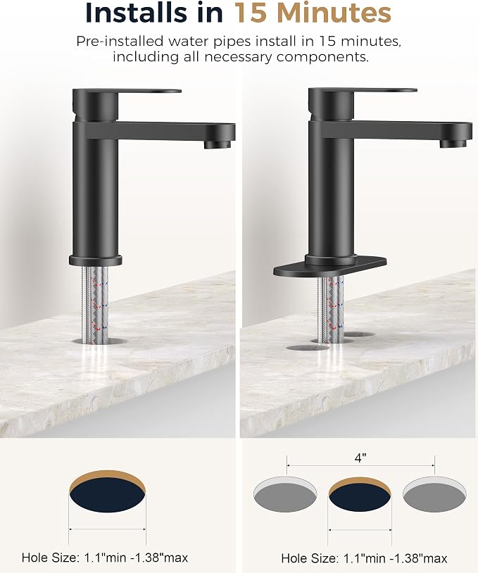 FORIOUS Bathroom Faucet 1 Hole, Single Handle Vanity Faucet Matte Black | Black Bathroom Sink Faucet with Deck Plate, Fits 1 Hole and 4-Inch 3 Hole Install, for RV Vanity Lavatory Restroom Camper