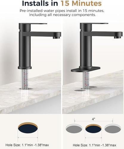 FORIOUS Bathroom Faucet 1 Hole, Single Handle Vanity Faucet Matte Black | Black Bathroom Sink Faucet with Deck Plate, Fits 1 Hole and 4-Inch 3 Hole Install, for RV Vanity Lavatory Restroom Camper