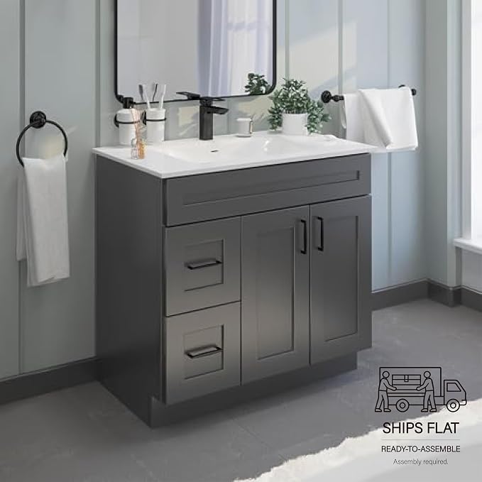 36” Grey Shaker Bathroom Vanity Base – Ready-to-Assemble Sink Cabinet with Drawers, Shaker Style Storage, Base Only, No Top or Sink