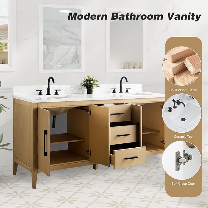 HomeBeyond 72 Inch Bathroom Vanity with Sink & Ceramic Top, Double Vanity Cabinet with Basin, Soft-Closing Doors & Matte Black Hardware, Natural Oak