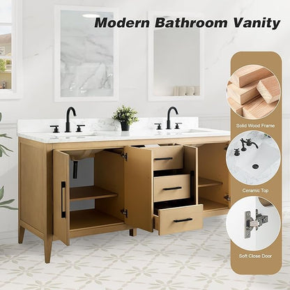 HomeBeyond 72 Inch Bathroom Vanity with Sink & Ceramic Top, Double Vanity Cabinet with Basin, Soft-Closing Doors & Matte Black Hardware, Natural Oak