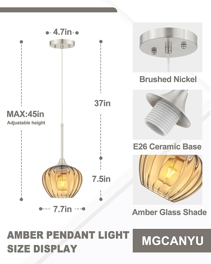 Amber Pendant Lights Kitchen Island, 7.7" Modern Glass Adjustable Pendant Lighting Brushed Nickel Hanging Light Fixtures for Kitchen, Dining Room, Sink, Bathroom