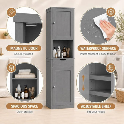 Walsunny Tall Bathroom Storage Cabinet with 6 Adjustable Shelves, Gray | Anti-Tip Safety, Waterproof MDF, 2 Doors + 1 Drawer, Easy Assembly, for Bathroom/Living Room/Kitchen