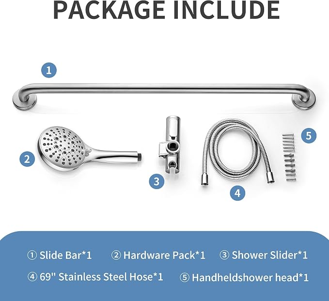 BRIGHT SHOWERS Stainless Steel Grab Bar Set – Includes Handheld Shower Head with Extra Long Hose, Shower Head and Hose Chrome Plated