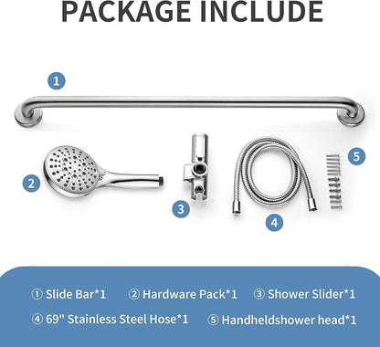 BRIGHT SHOWERS Stainless Steel Grab Bar Set – Includes Handheld Shower Head with Extra Long Hose, Shower Head and Hose Chrome Plated