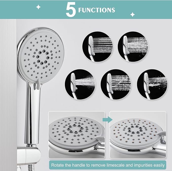 Shower Panel Tower System with Adjustable Shower Head, Self-Cleaning Shower Tower with 2-Setting Powerful Body Jets and 5-Function Handheld Shower, Shower Column Brushed Stainless Steel
