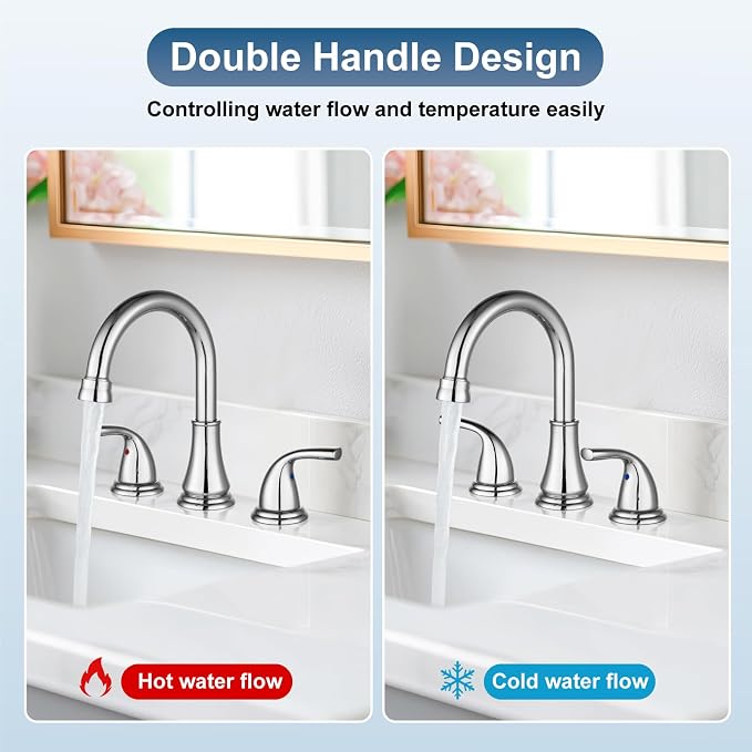 Polish Chrome Widespread Bathroom Sink Faucet, 3 Hole 8 Inch | Modern Bathroom Faucet 3-Hole,2 Handles,Pop-Up Drain & Supply Lines,Deck Mount Vanity Faucet,1.2 GPM,SUS304 Stainless Steel