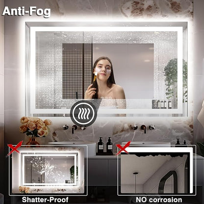 EchosLife 60"x40" LED Mirror for Bathroom | Backlit + Front Lit, Anti-Fog, Stepless Dimmable, 3 Colors, Memory, Tempered Glass, UL Listed, Horizontal/Vertical