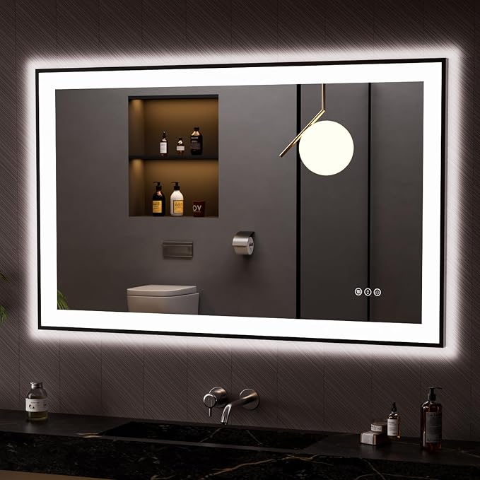 LOAAO 48"X30" LED Bathroom Mirror Black Framed | Anti-Fog, Dimmable, Memory Function, Tempered Glass, Lighted Vanity Mirror for Wall