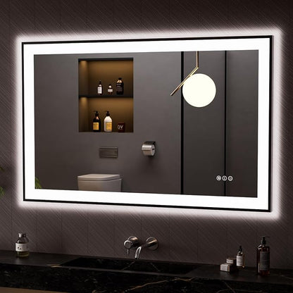 LOAAO 48"X30" LED Bathroom Mirror Black Framed | Anti-Fog, Dimmable, Memory Function, Tempered Glass, Lighted Vanity Mirror for Wall
