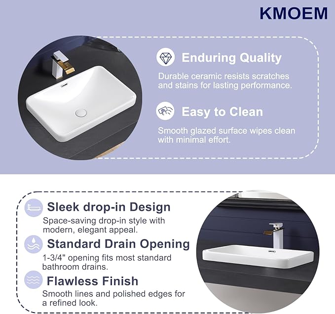 Vessel Sink 23"x16" Semi Recessed Bathroom Sink Drop-in White Bathroom Sink Porcelain Ceramic Modern Rectangular Sinks Drop-in Vanity Sinks with Overflow for Bathrooms