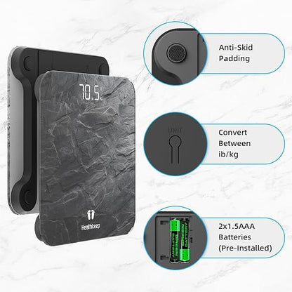 Healthkeep Digital Bathroom Scale, High Precision, with Step-On Technology, LED Display, Slim Design, Max. 180 kg/400 lb, Marbled Gray