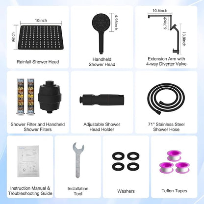 10" Metal Rain Filtered Shower Head with Handheld, 10 Modes, Easy Reach | Oil Rubbed Bronze, High-Pressure Rainfall Showerhead, 4-Way Diverter Pause Mode, 16" Extension Arm, 20-Stage Shower Filter
