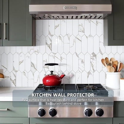 Vamos Tile Glossy White Marble with Gold Veining Backsplash Tile Peel and Stick, 12.8 x 12.8 Inch 10 Sheets Long Hexagon PVC Self Adhesive Mosaic Tiles Stick on Backsplash for Kitchen and Bathroom