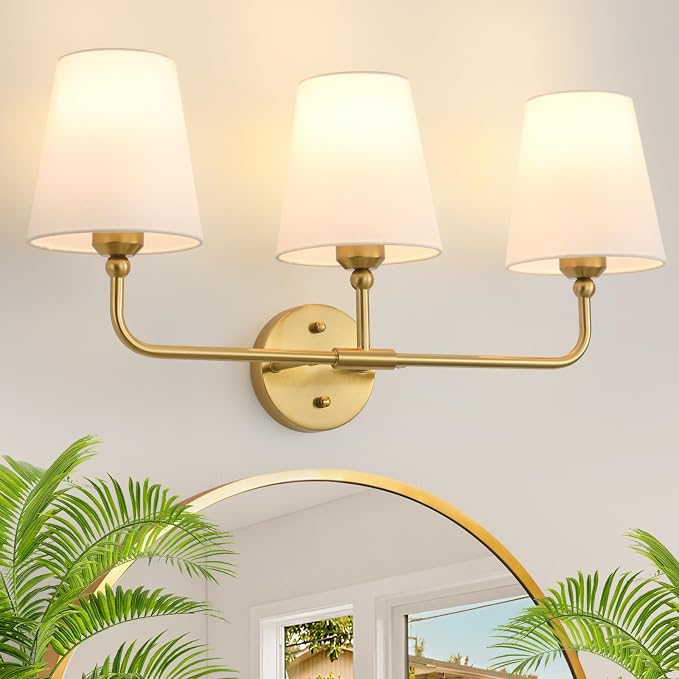 Bathroom Light Fixtures, 3-Light Brushed Gold Vanity Lights, 25" Bathroom Lighting Fixtures Over Mirror with White Flared Fabric Shade, Modern Wall Sconces for Bathroom Bedroom Living Room Hallway