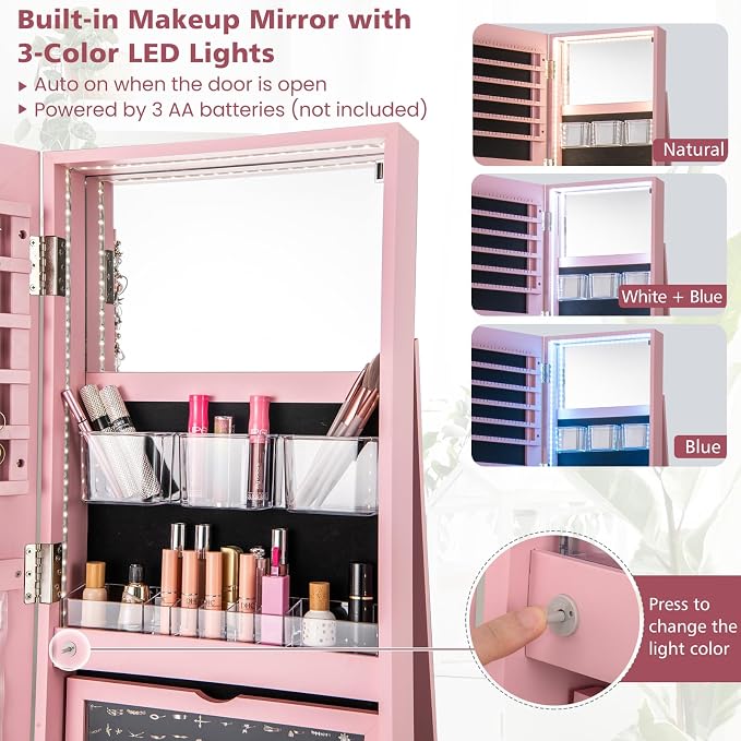 CHARMAID 360° Swivel Jewelry Armoire with Full Length Mirror, Rear Storage Shelves, Lockable Standing Jewelry Cabinet Organizer with Interior Vanity Mirror and 3-Color Lights (Pink)