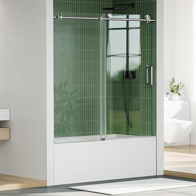 Frameless Sliding Shower Door, 59" Width x 60" Height, 6mm (1/4") SGCC Tempered Clear Glass with Easy-to-Clean Coating, Silver Round Rail