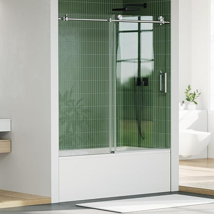 Frameless Sliding Shower Door, 59" Width x 60" Height, 6mm (1/4") SGCC Tempered Clear Glass with Easy-to-Clean Coating, Silver Round Rail