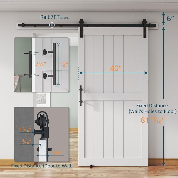 40''x 80'' Sliding Barn Door with 7 Ft Barn Door Hardware Kit | Fits Max 38''x78'' Opening, Pre-Drilled Holes Easy Assembly Water-Proof PVC Surface, H-Frame, White