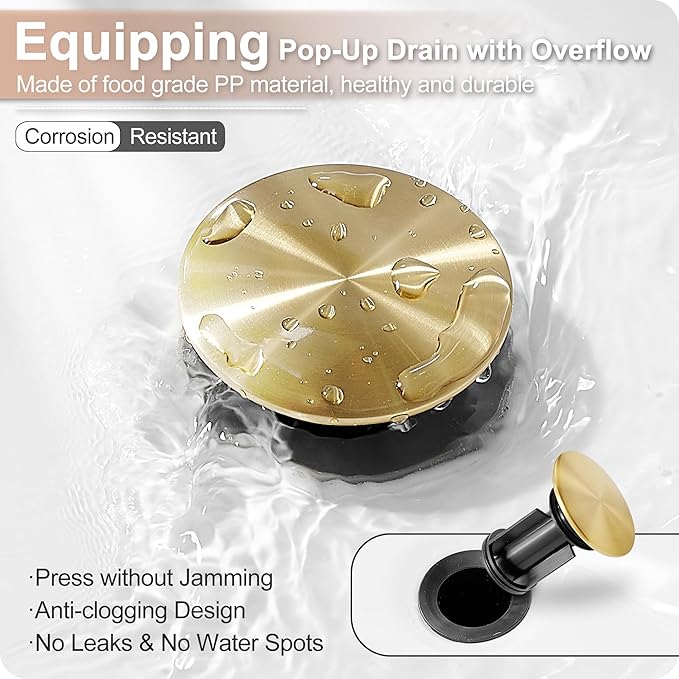 Gold Bathroom Faucet Waterfall, Brass 4-16 Inch Bathroom Faucets 3 Hole, Widespread 2 Handles with Pre-installed Water Hose & Pop-Up Drain for Vintage Vanity Washroom, 10 Mins Quick Installation