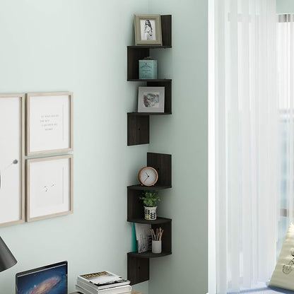 Furinno Rossi Set of 2 3-Tier Corner Floating Shelves for Wall, Espresso | Zigzag Wall Shelf, Radial Mounted Floating Book Shelf, for Bathroom, Bedroom, Living Room