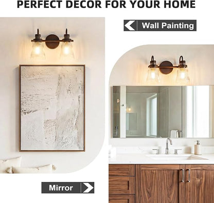 2-Light Bathroom Vanity Light, 13.8 Inch Farmhouse Bathroom Light Fixtures with Clear Striped Glass Shade, Oil Rubbed Bronze Wall Sconce Lighting Over Mirror for Bedroom Hallway Cabinet