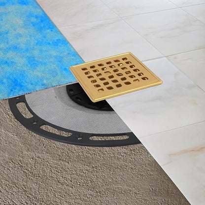 4-Inch Square Shower Drain Kit with Bonding Flange, Polished Gold | Removable 304 stainless steel grate with hair strainer; fits 2- and 3-inch pipes for tiled shower floors and wet areas